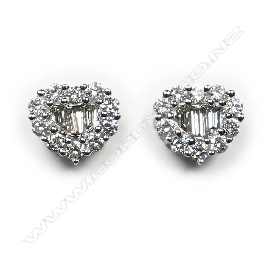 A pair of 18ct white gold and diamond heart shaped cluster earrings, Image 1++