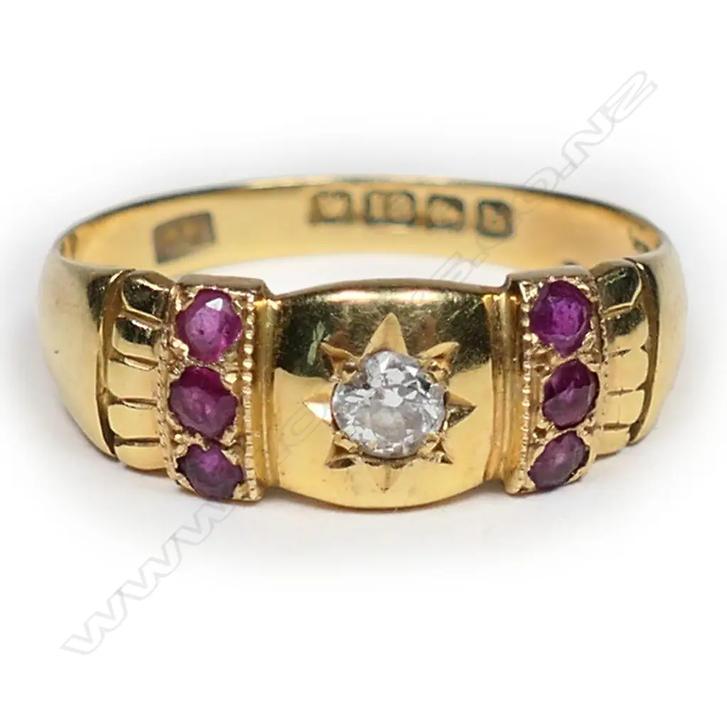 An Edwardian 18ct yellow gold ruby and diamond ring, Image 1++
