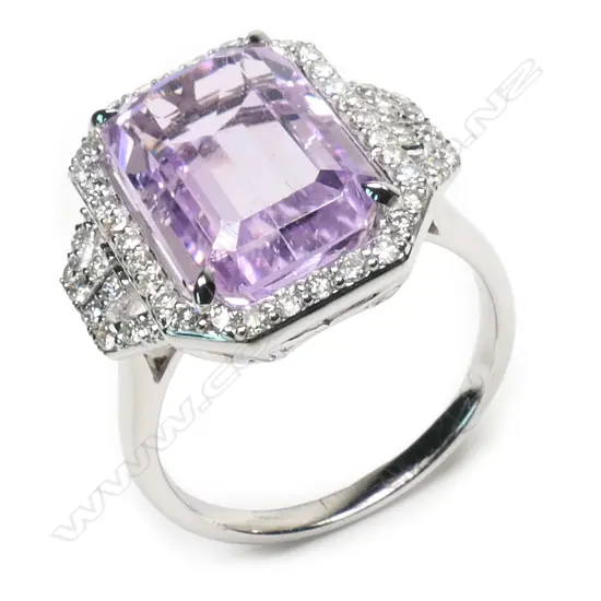 A 14ct white gold, kunzite and diamond Art Deco style ring,