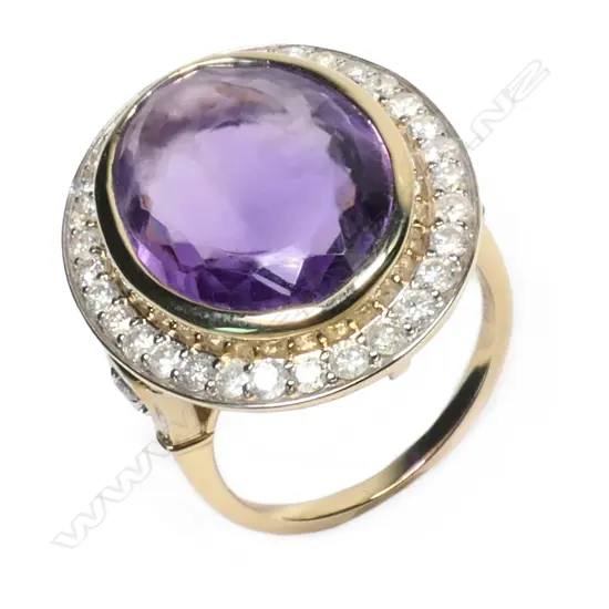 An impressive 10ct gold, amethyst and diamond cocktail ring,