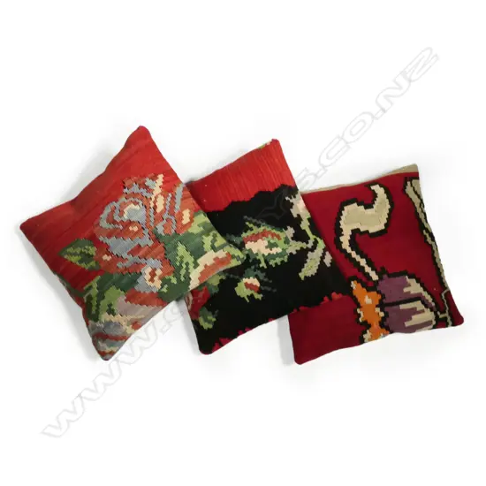 Three scatter cushions with old Turkish kilim faces,