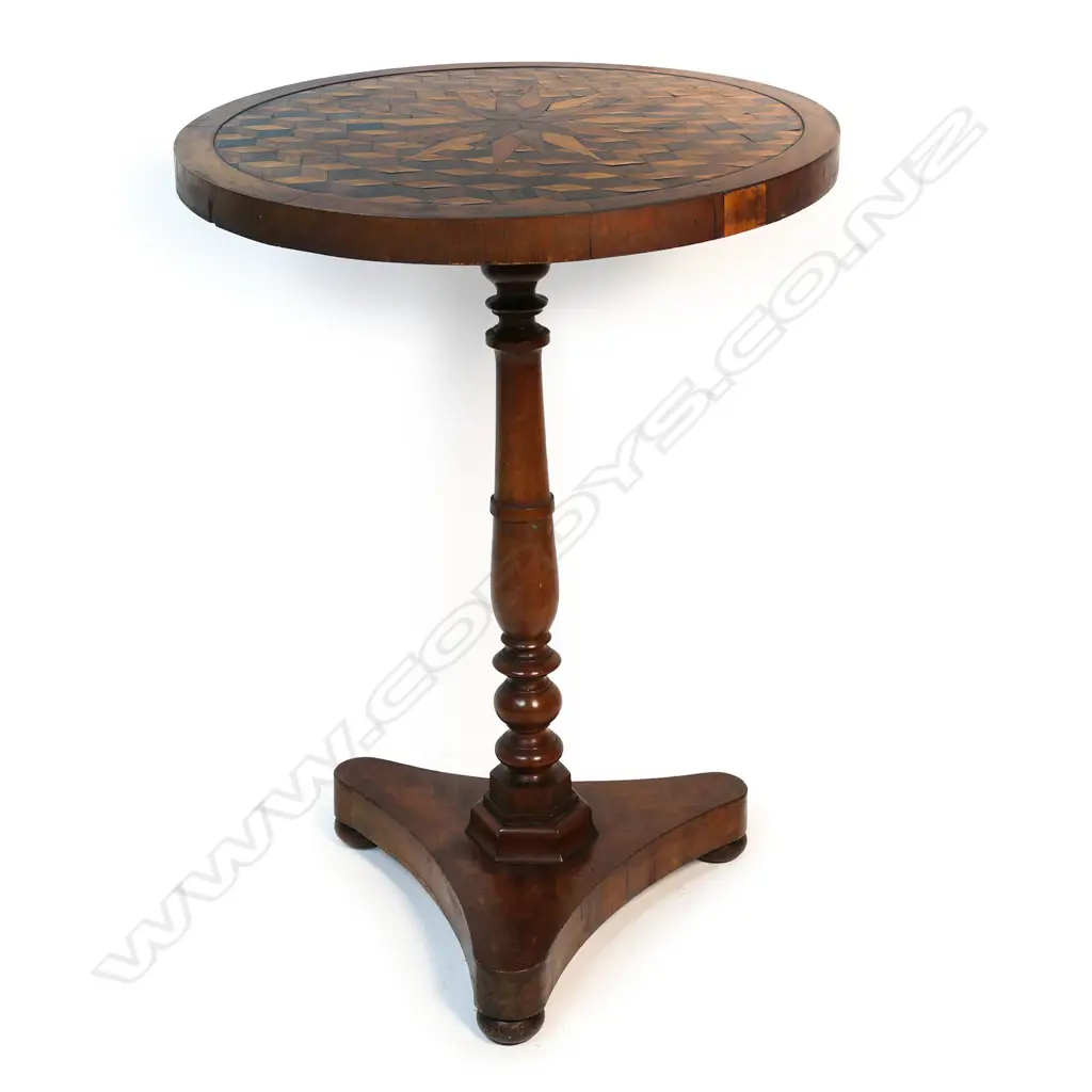 An early Victorian mahogany and exotic timbers inlaid specimen wine table, Image 1++