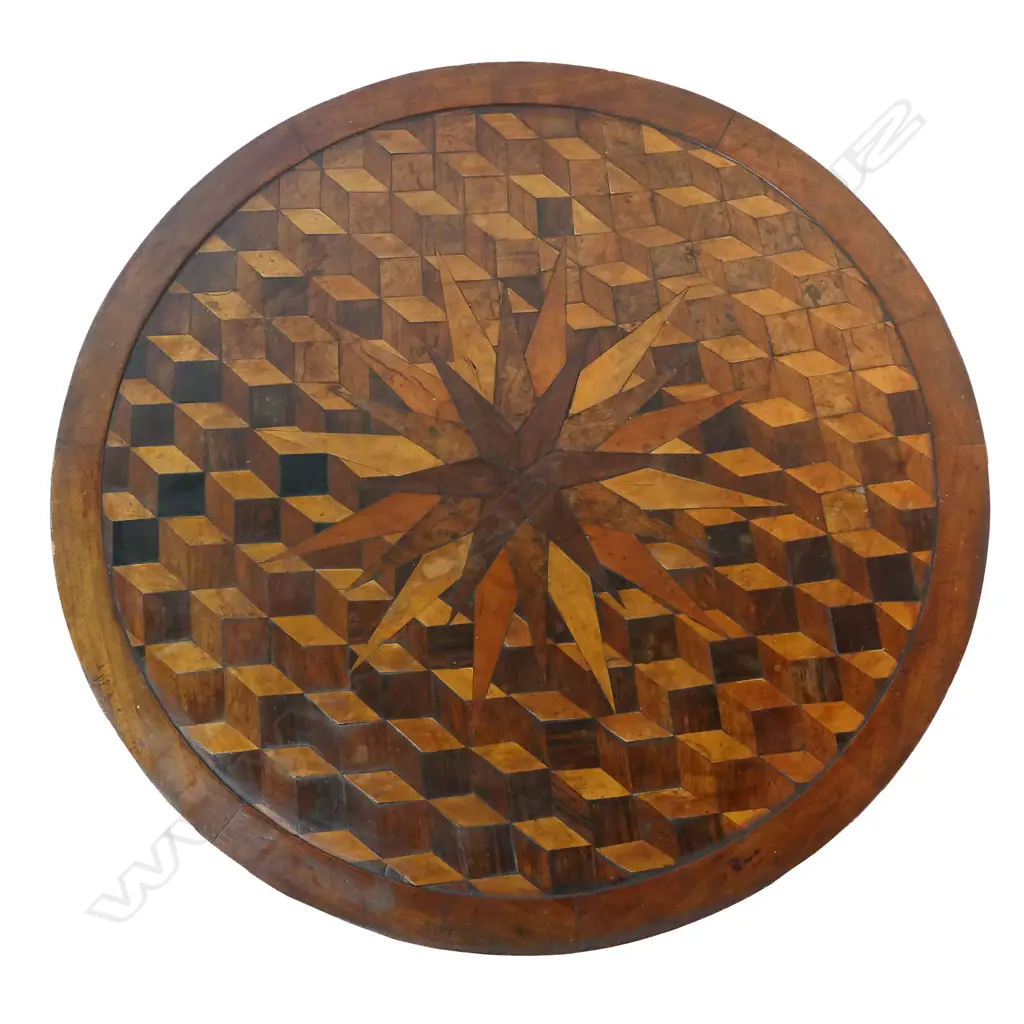 An early Victorian mahogany and exotic timbers inlaid specimen wine table, Image 1++