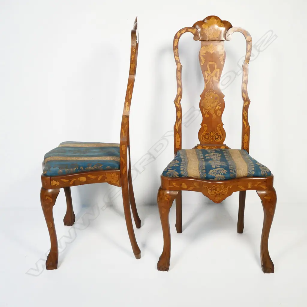 A pair of Dutch18thC walnut and beech marquetry high back chairs, Image 1++