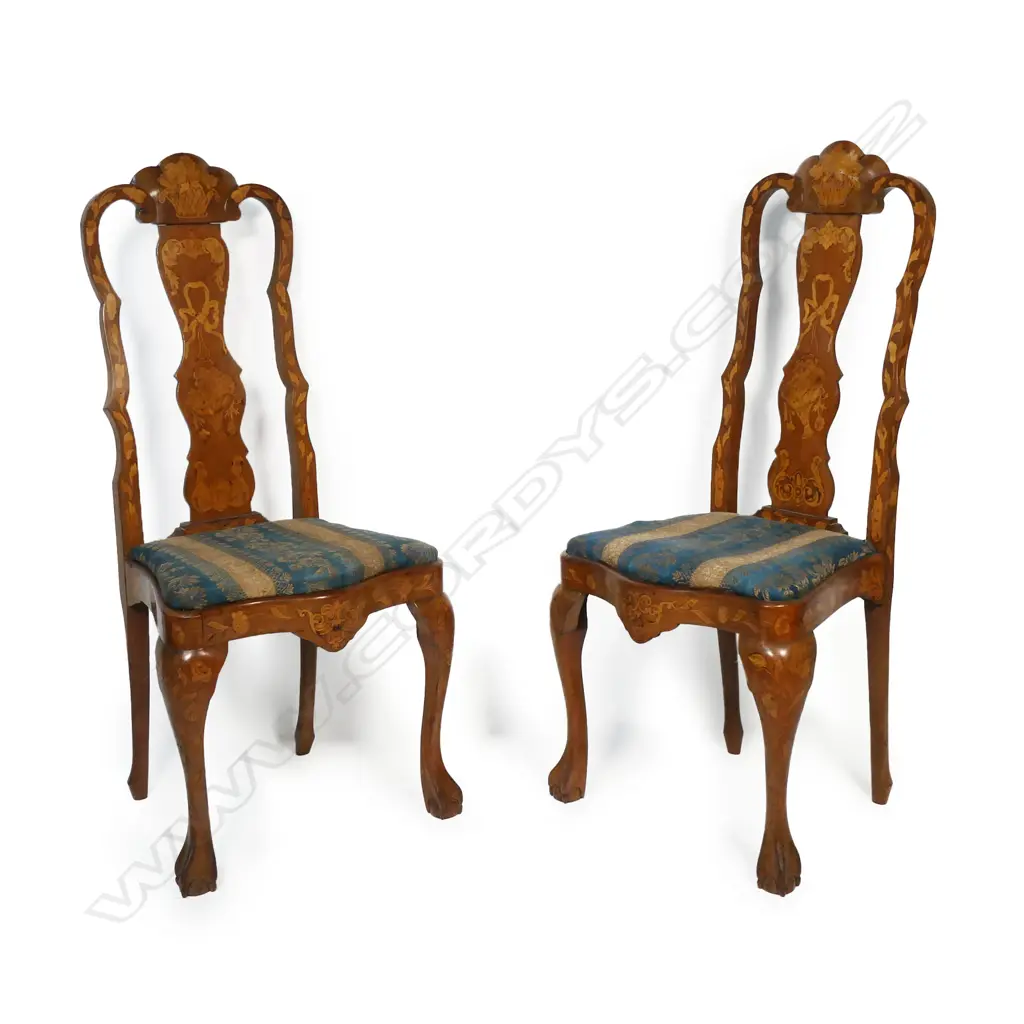 A pair of Dutch18thC walnut and beech marquetry high back chairs, Image 1++