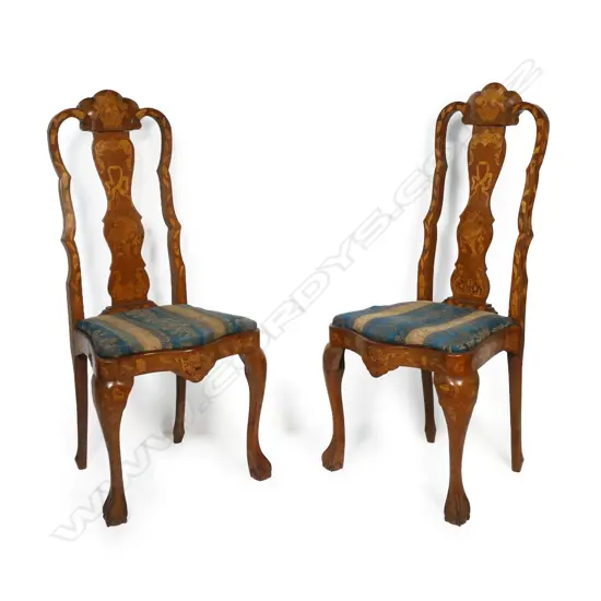A pair of Dutch18thC walnut and beech marquetry high back chairs,