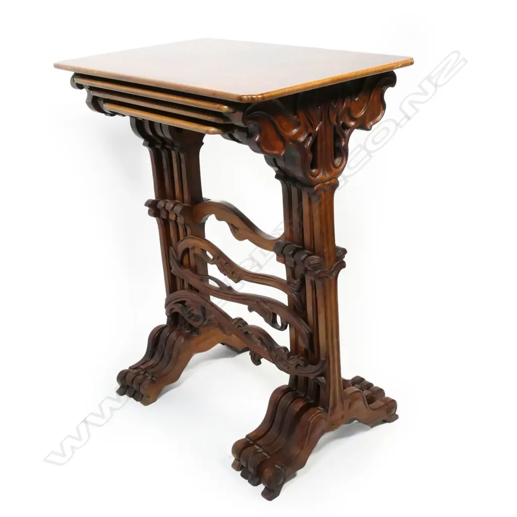 An early 20thC Emile Gallé fine nest of four Art Nouveau marquetry inlaid quartetto tables, Image 1++
