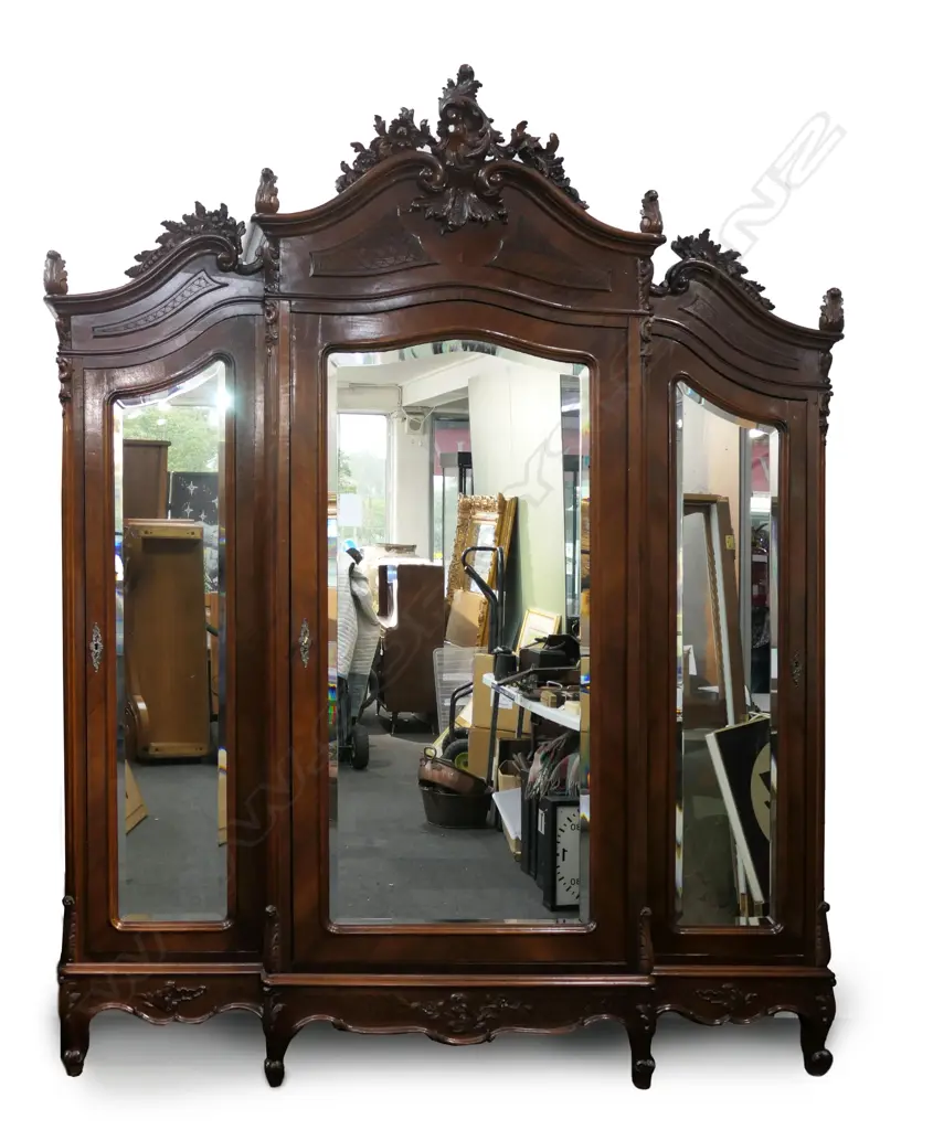 A large French antique style walnut three door breakfront armoire, Image 1++