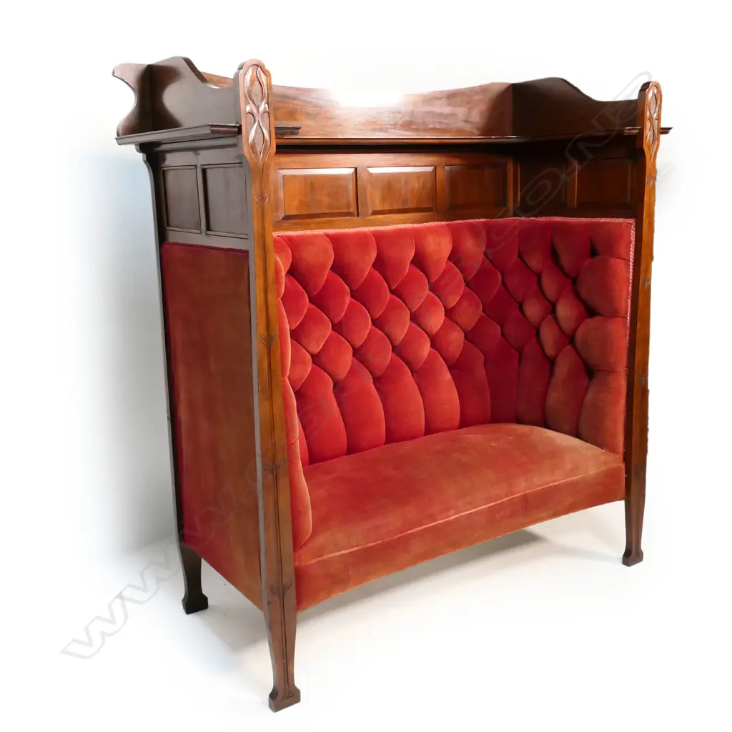 A colonial New Zealand carved kauri Arts & Crafts high back settle/love seat, Image 1++