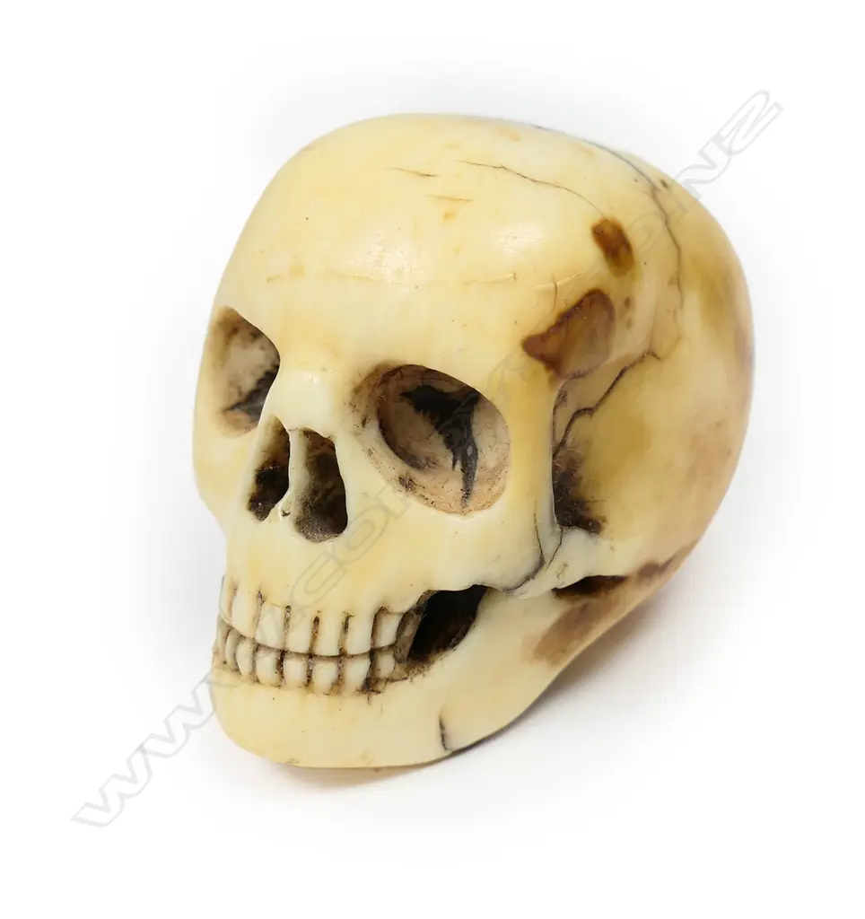 A late 19thC carved ivory skull walking cane handle, Image 1++