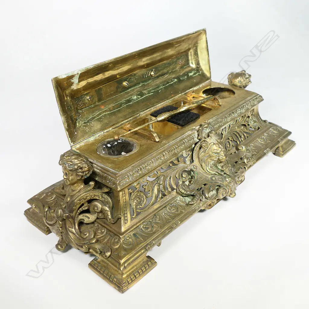 An ornate Victorian brass desk set, Image 1++
