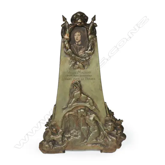 A French WWI brass strut-back remembrance plaque,