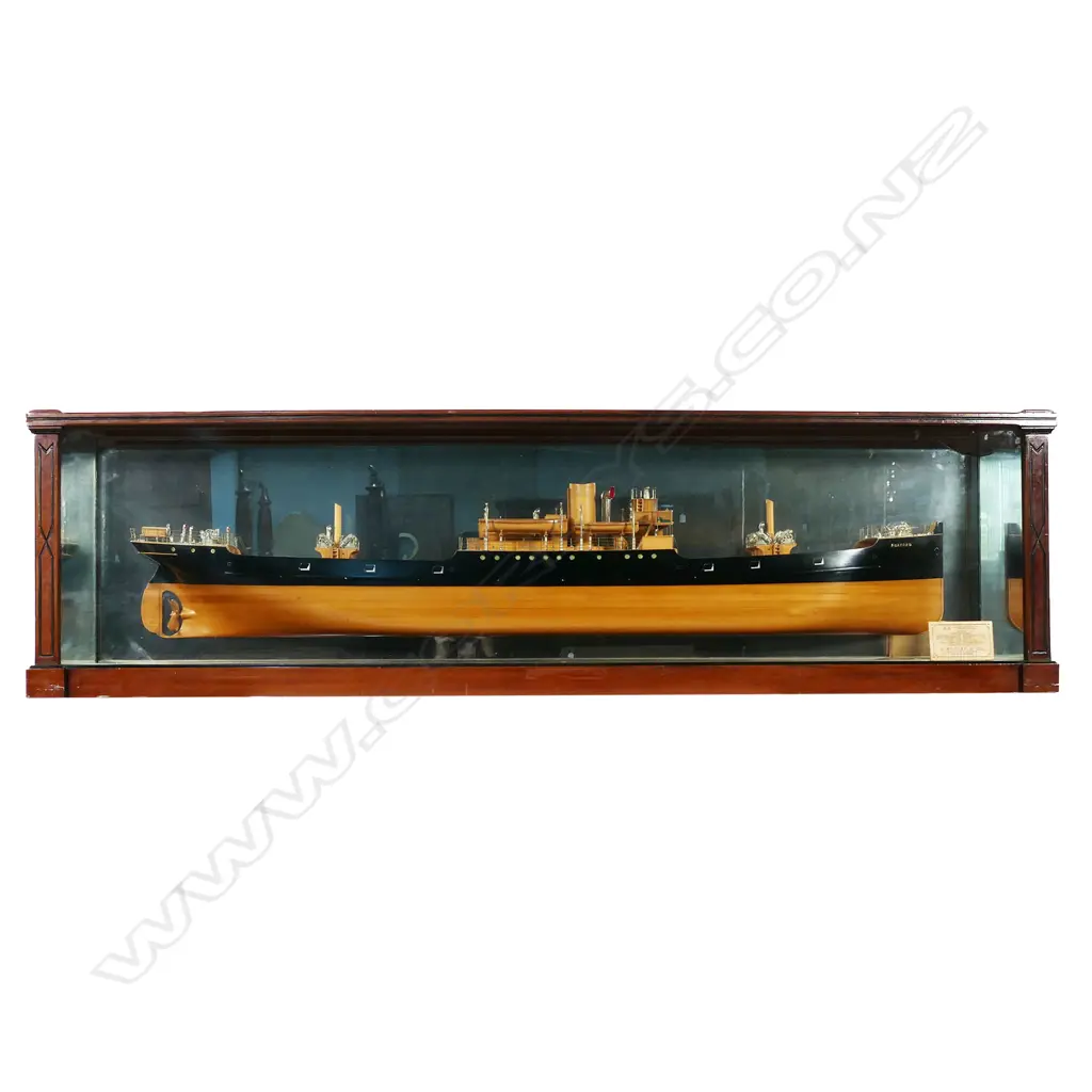 A New Zealand historic 1910 fine shipbuilder’s presentation mirror back half model of the steamship ‘NGATORO‘ built for the Blackball Coal Mine, Image 1++