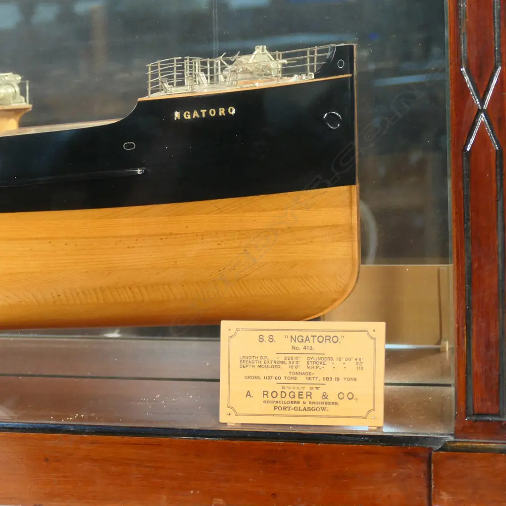 A New Zealand historic 1910 fine shipbuilder’s presentation mirror back half model of the steamship ‘NGATORO‘ built for the Blackball Coal Mine, Image 1++