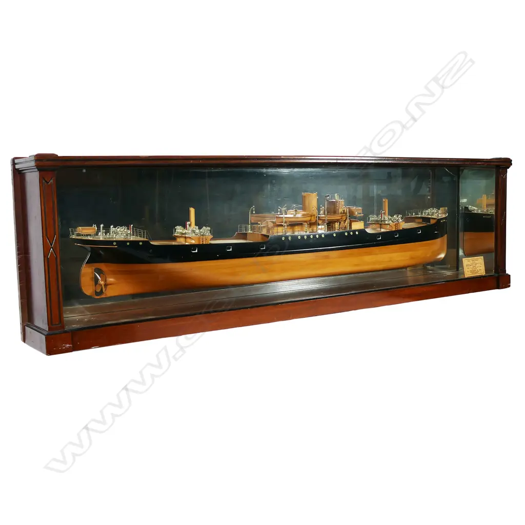 A New Zealand historic 1910 fine shipbuilder’s presentation mirror back half model of the steamship ‘NGATORO‘ built for the Blackball Coal Mine, Image 1++