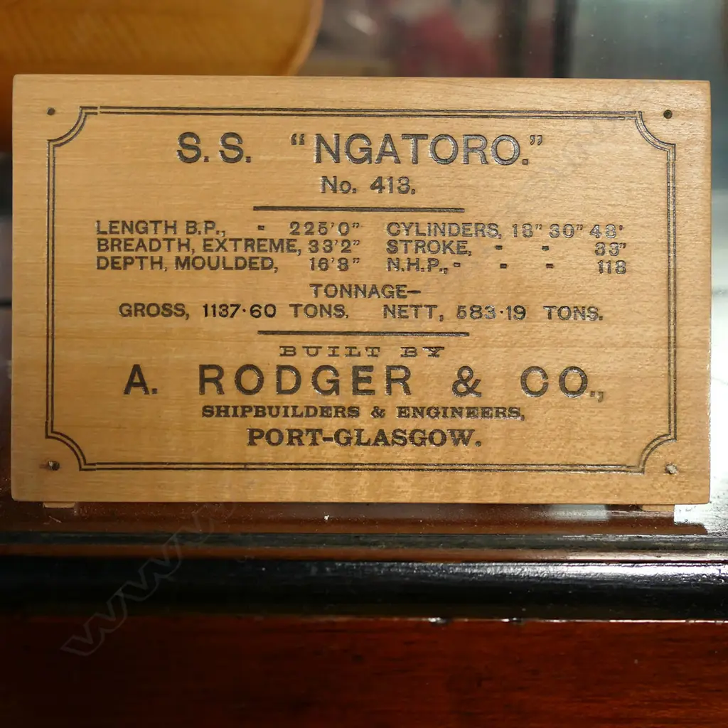 A New Zealand historic 1910 fine shipbuilder’s presentation mirror back half model of the steamship ‘NGATORO‘ built for the Blackball Coal Mine, Image 1++
