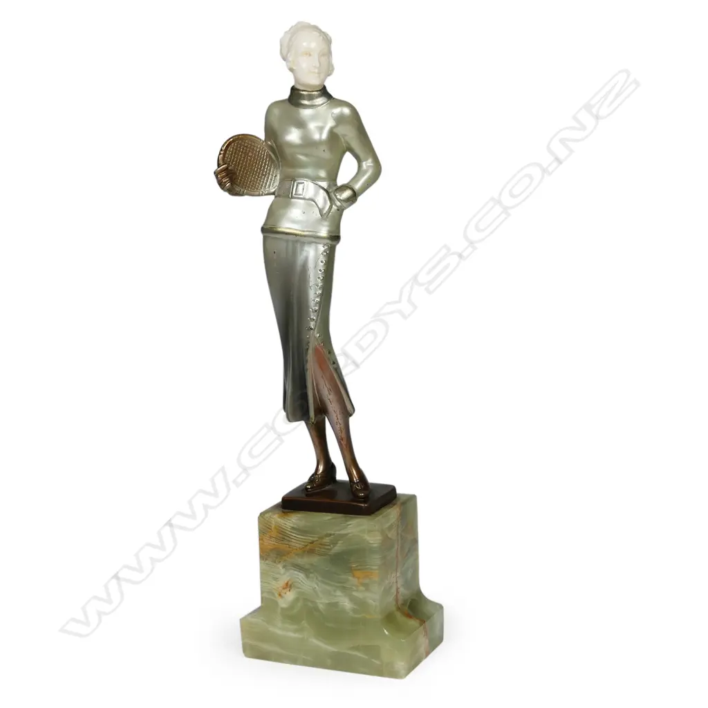 Josef Lorenzl Art Deco cold painted bronze and ivory female tennis player, Image 1++