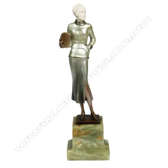 Josef Lorenzl Art Deco cold painted bronze and ivory female tennis player,