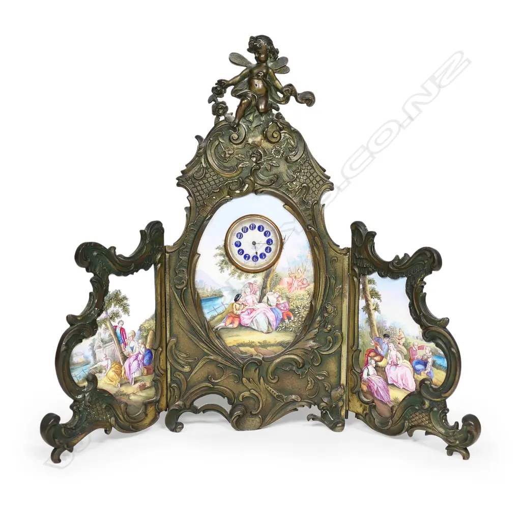 A late 19thC Viennese enamel and gilt bronze three-panel miniature clock, Image 1++