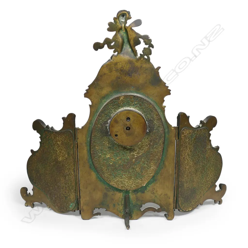 A late 19thC Viennese enamel and gilt bronze three-panel miniature clock, Image 1++