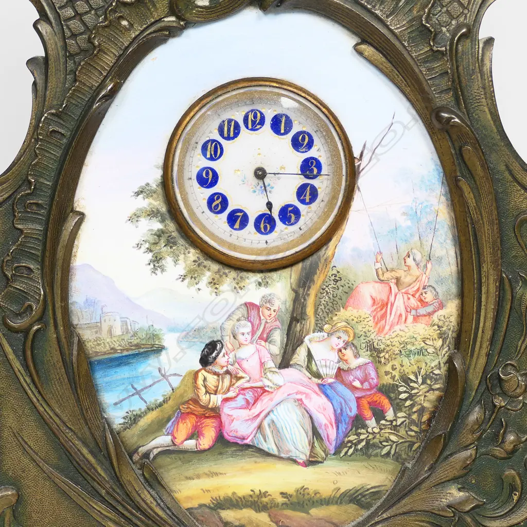 A late 19thC Viennese enamel and gilt bronze three-panel miniature clock, Image 1++