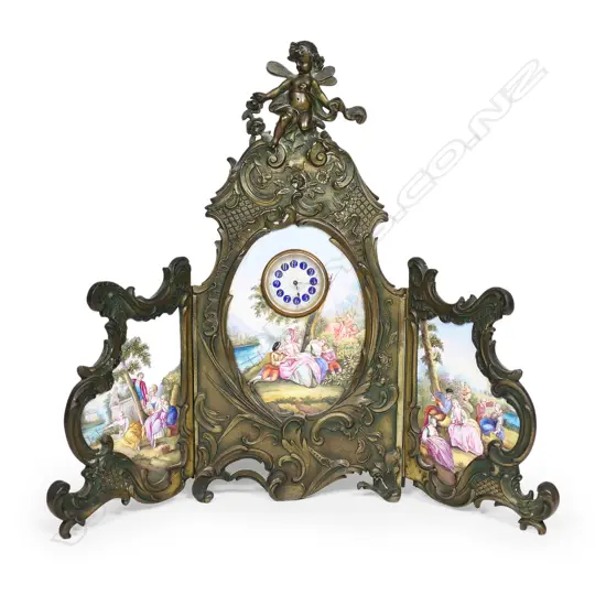 A late 19thC Viennese enamel and gilt bronze three-panel miniature clock,