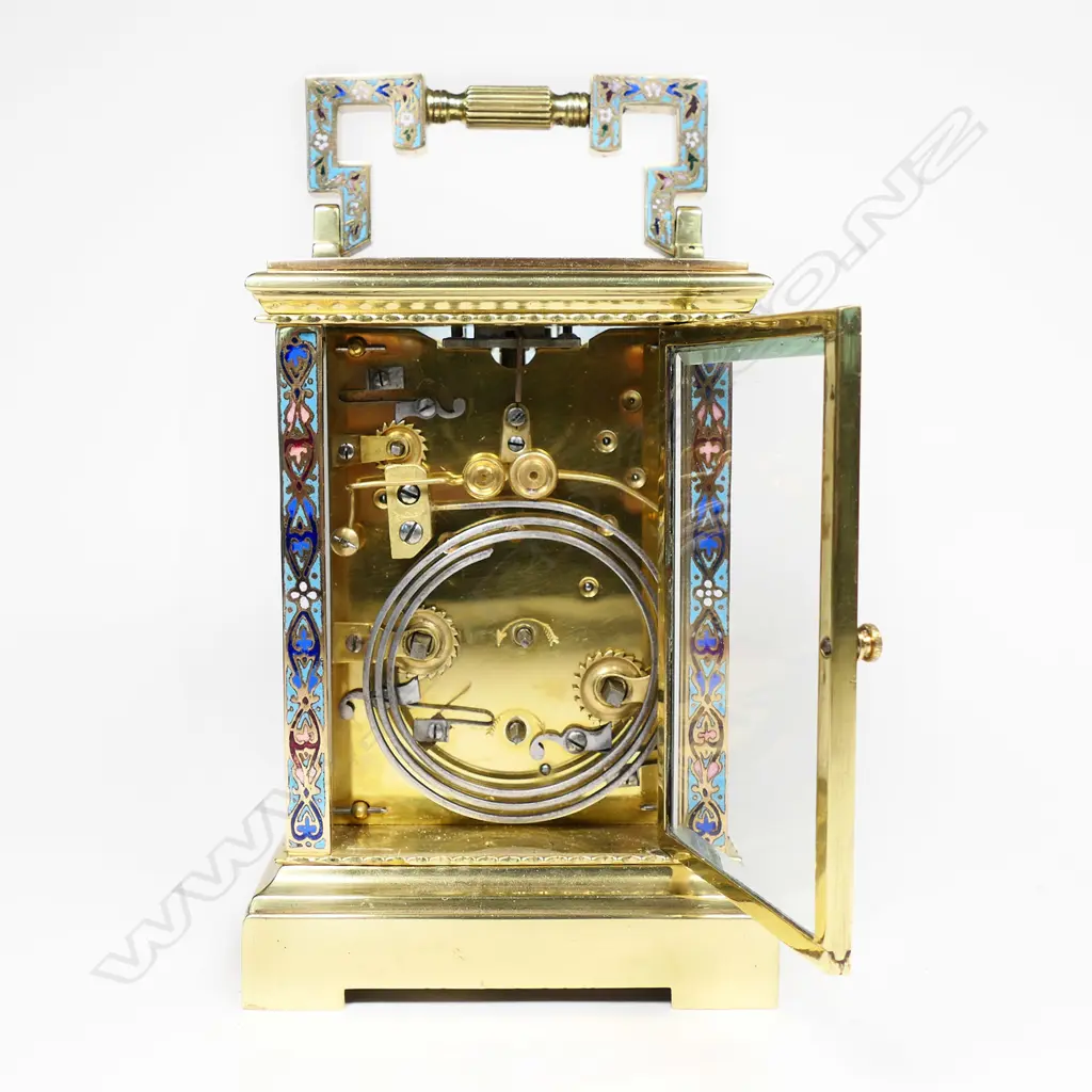 A highly decorative 19thC French champlevé enamel strike alarm 8-day carriage clock, Image 1++