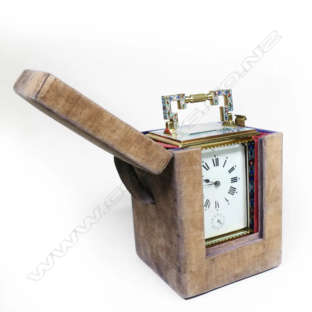 A highly decorative 19thC French champlevé enamel strike alarm 8-day carriage clock, Image 1++