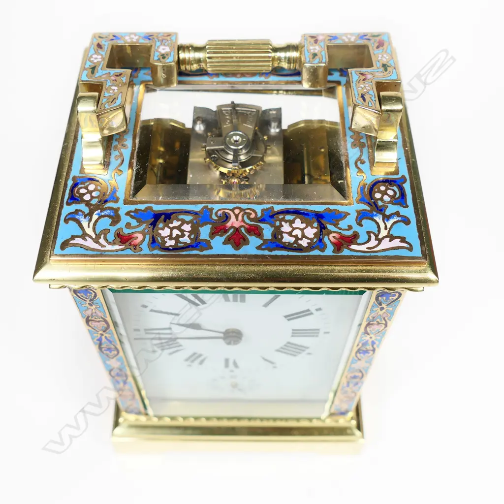 A highly decorative 19thC French champlevé enamel strike alarm 8-day carriage clock, Image 1++