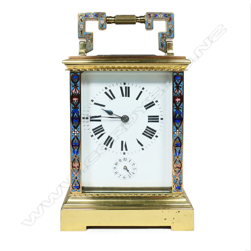 A highly decorative 19thC French champlevé enamel strike alarm 8-day carriage clock, Image 1++