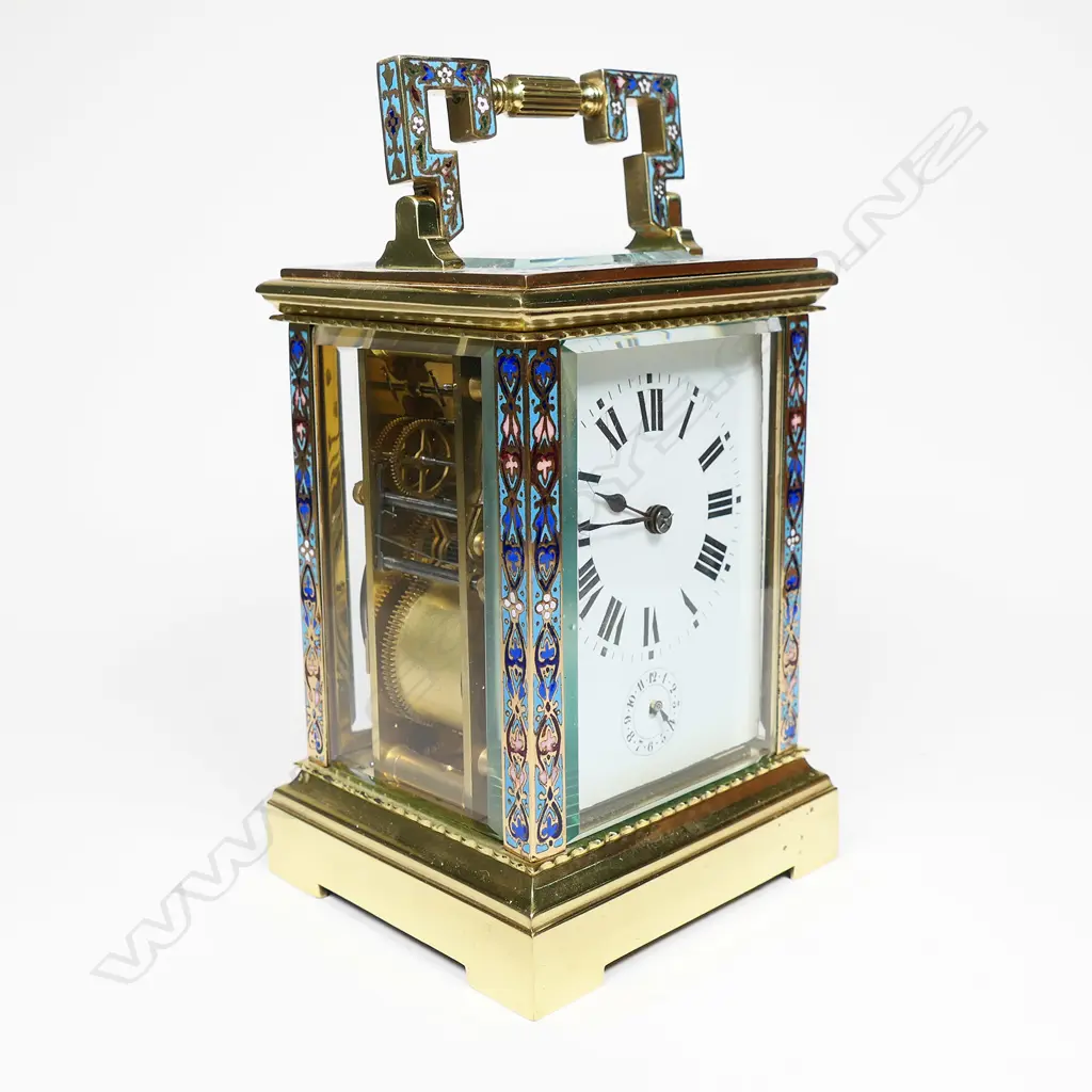 A highly decorative 19thC French champlevé enamel strike alarm 8-day carriage clock, Image 1++