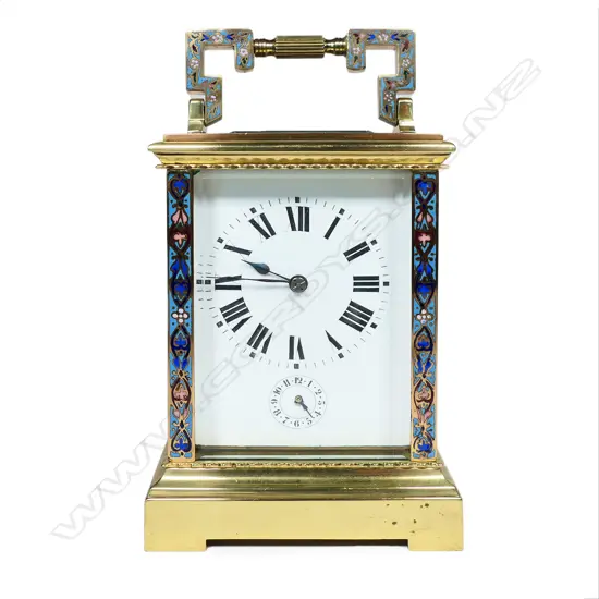 A highly decorative 19thC French champlevé enamel strike alarm 8-day carriage clock,