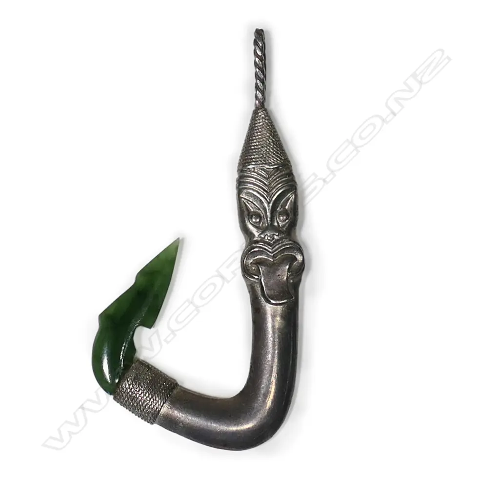 A Peter Mintern silver hei matau (fishhook) with greenstone carved barb, Image 1++