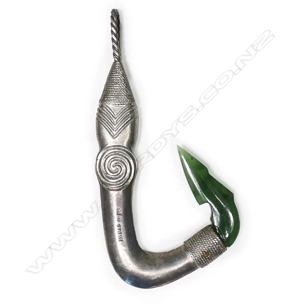 A Peter Mintern silver hei matau (fishhook) with greenstone carved barb, Image 1++