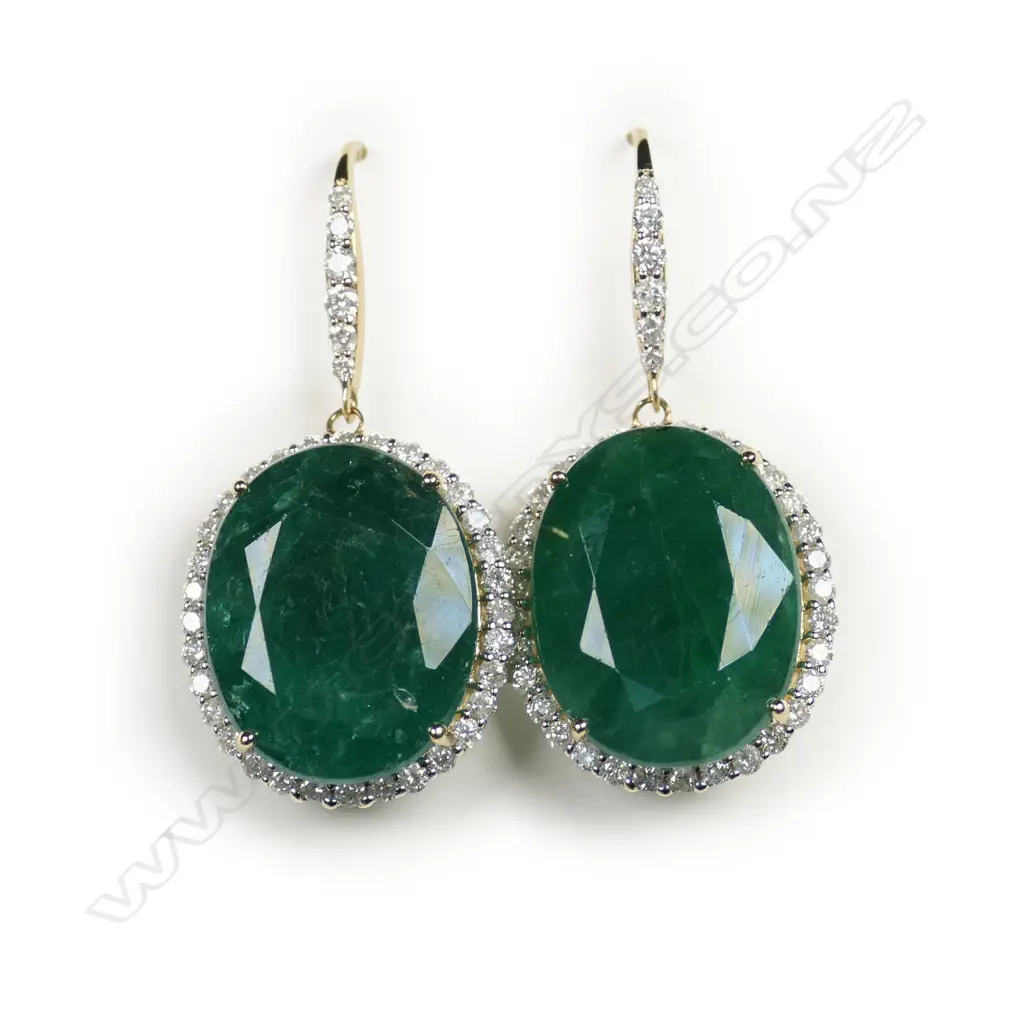 A pair of 14ct gold emerald and diamond halo drop earrings, Image 1++