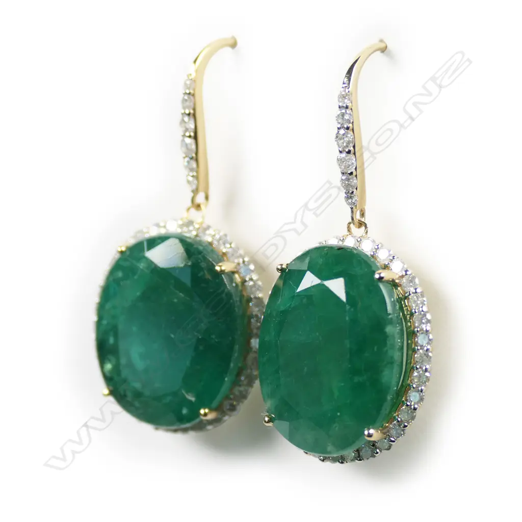 A pair of 14ct gold emerald and diamond halo drop earrings, Image 1++