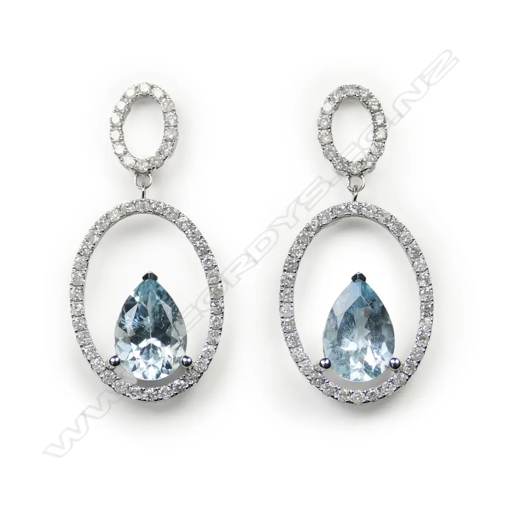 A 14ct white gold aquamarine and diamond double hoop earrings, Image 1++