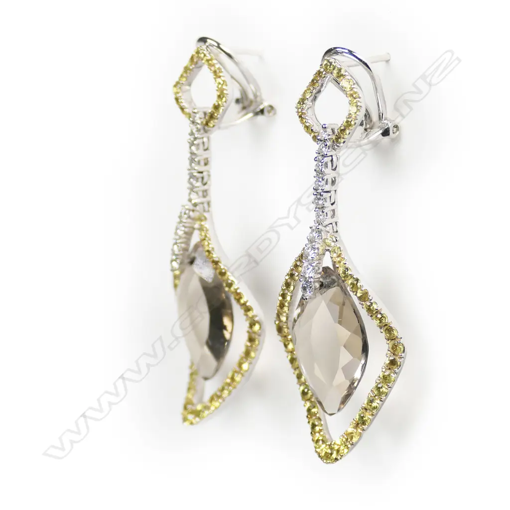 A pair of 18ct white gold diamond and smoky quartz earrings, Image 1++