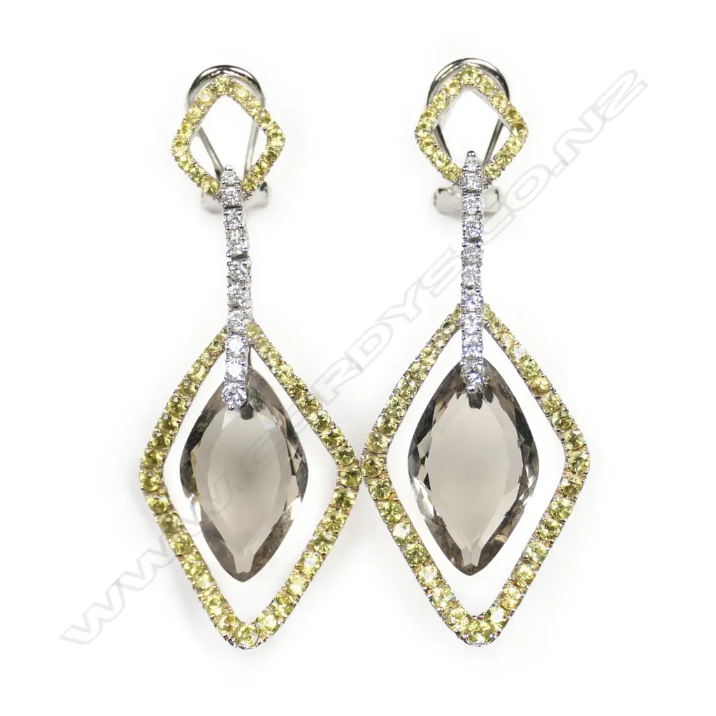 A pair of 18ct white gold diamond and smoky quartz earrings, Image 1++