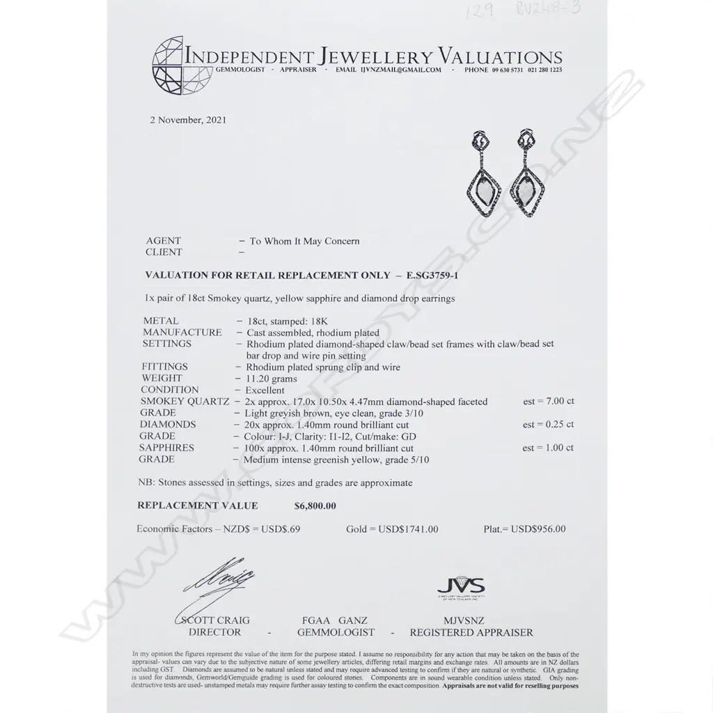 A pair of 18ct white gold diamond and smoky quartz earrings, Image 1++