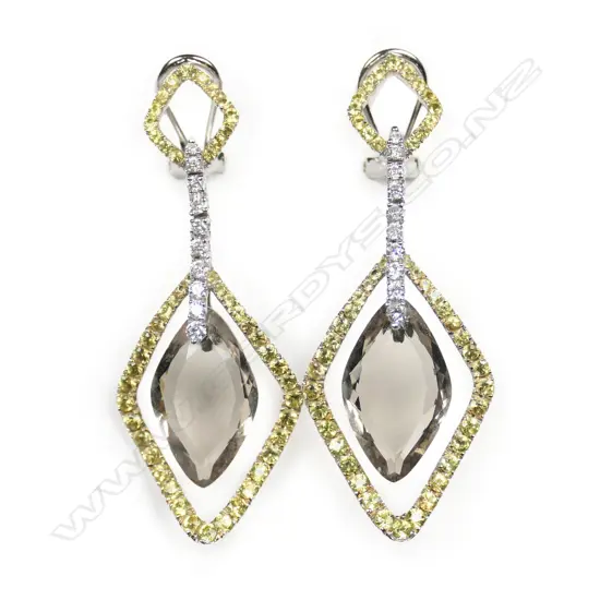 A pair of 18ct white gold diamond and smoky quartz earrings,