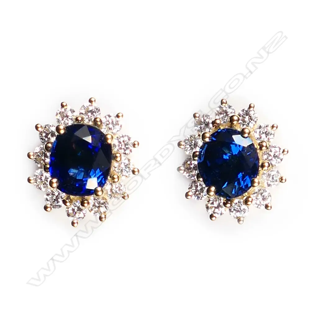 A pair of 18ct yellow gold sapphire and diamond cluster earrings, Image 1++