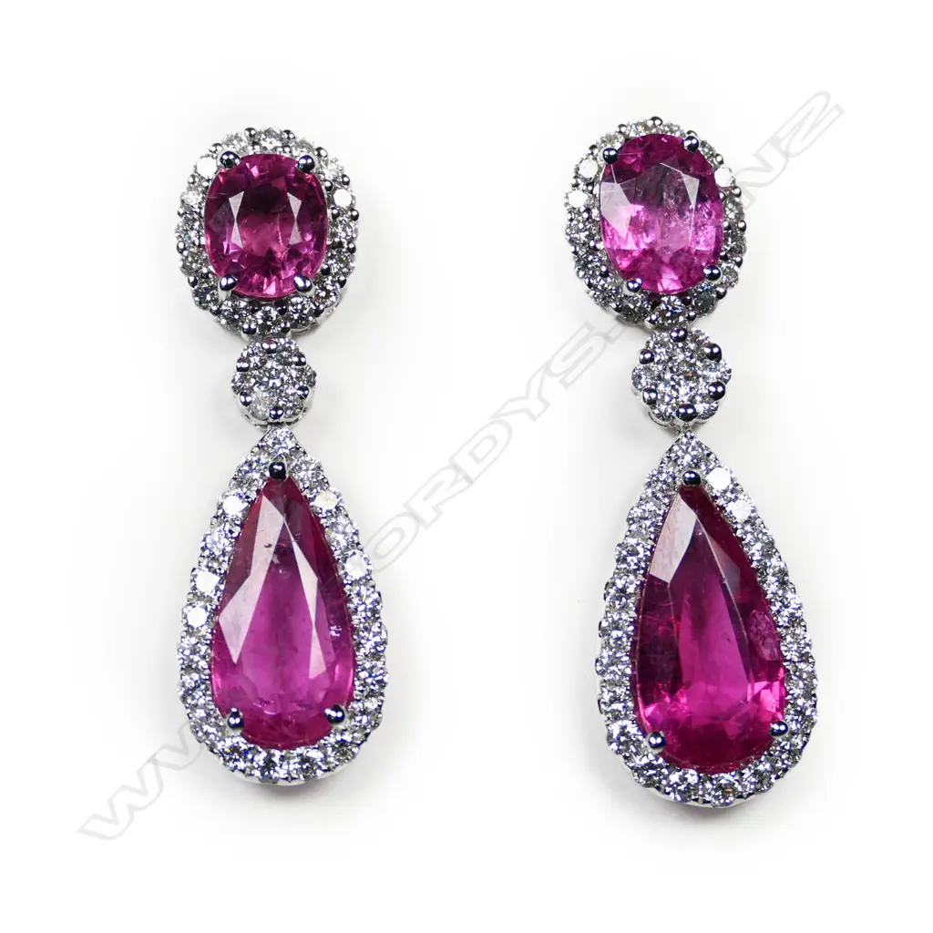 A pair of modern 18ct white gold and rubelite earrings, Image 1++