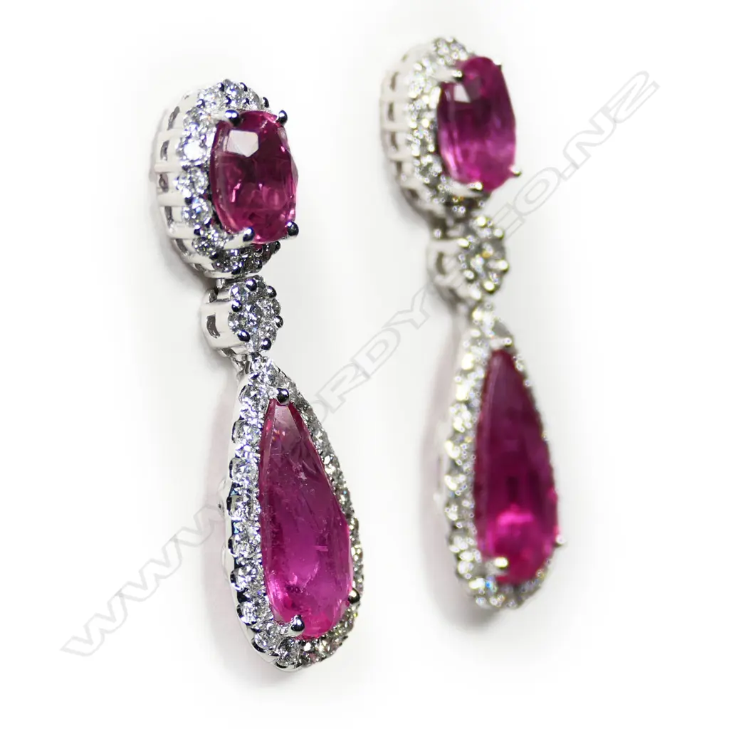 A pair of modern 18ct white gold and rubelite earrings, Image 1++