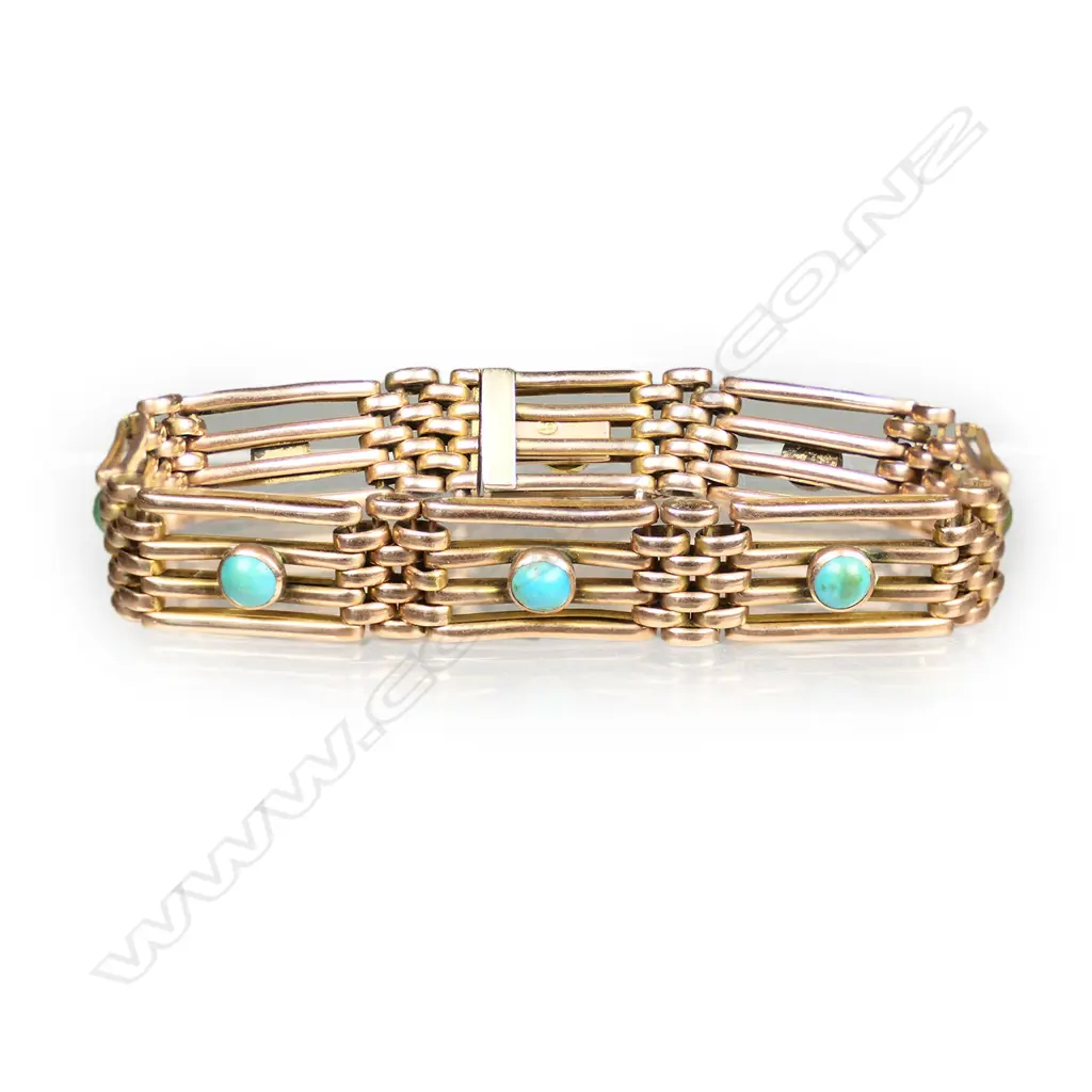 A 9ct rose gold and turquoise gate bracelet, Image 1++