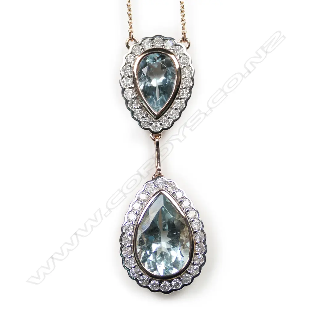 A 14ct rose gold aquamarine and diamond drop pendant, Image 1++