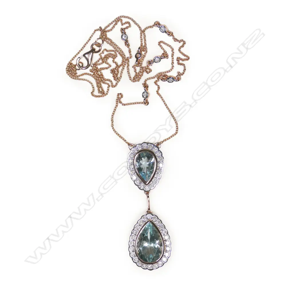 A 14ct rose gold aquamarine and diamond drop pendant, Image 1++