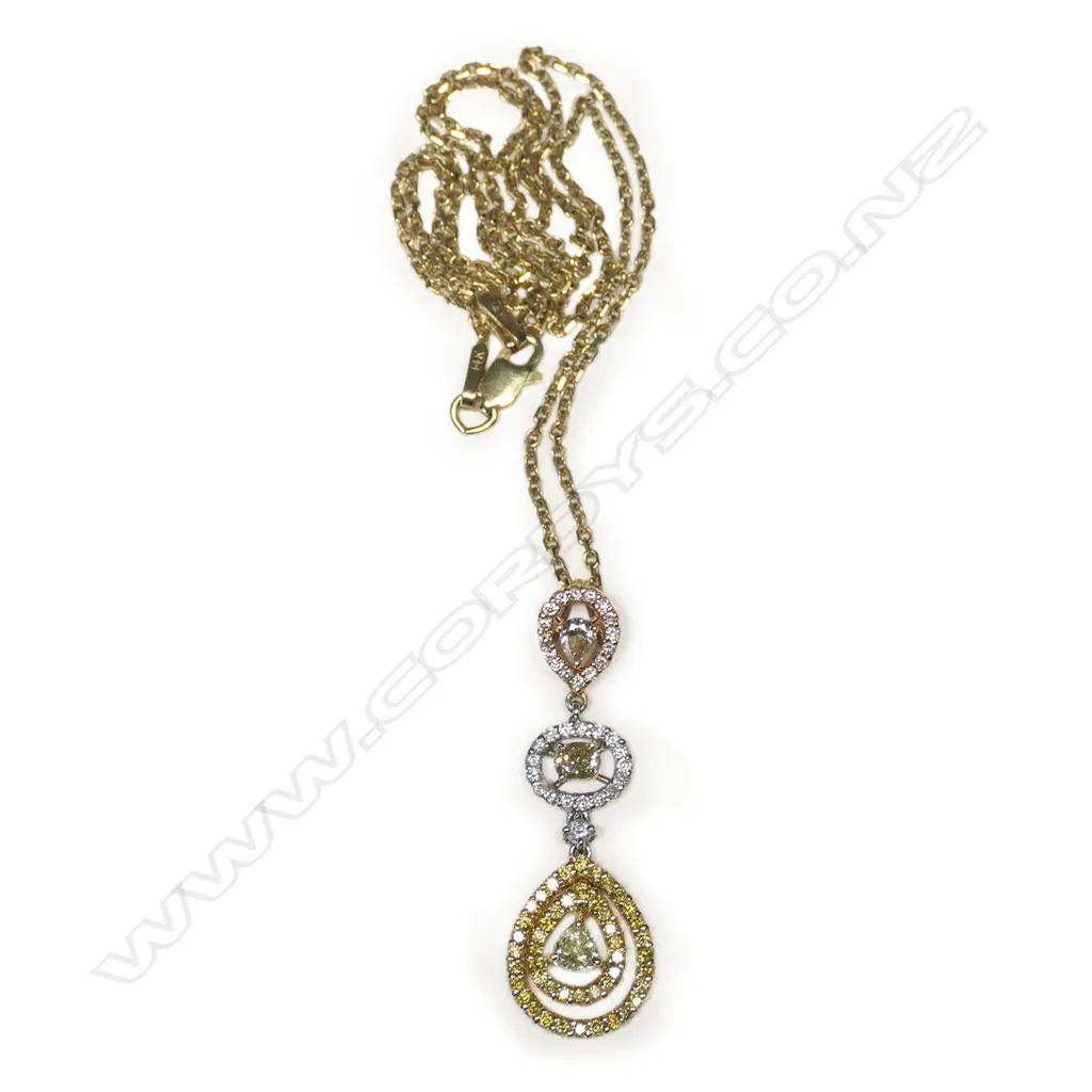 An 18ct gold and diamond triple drop necklace, Image 1++