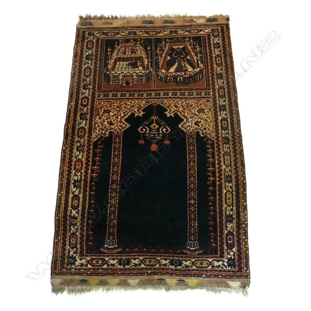 A semi-antique Turkish hand knotted pictorial prayer rug, depicting Medina and Mecca, Image 1++