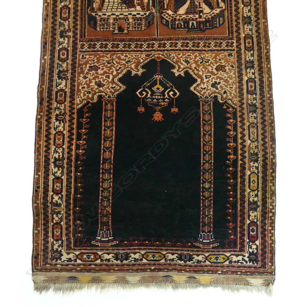 A semi-antique Turkish hand knotted pictorial prayer rug, depicting Medina and Mecca, Image 1++